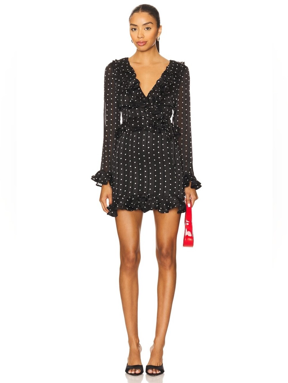 NWT $169 BARDOT Frill Detail Spot Mini Dress in Black Spot Size 4